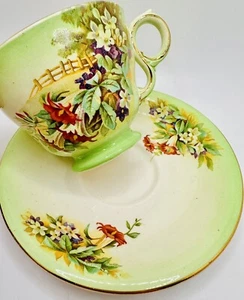 Royal Winton Grimwades Art Deco Trumpet Flowers Fence Scene Cup & Saucer, Teacup - Picture 1 of 9