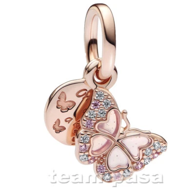 PANDORA 782555C01 rosafarbener Schmetterling & Spruch doppelter Charmanhänger - Bild 1 von 2