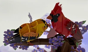 2 Kardinäle Vögel 3D Pop Up Karte Baum Blumen Herbst Natur Garten Frühling Herbst - Bild 1 von 4