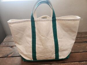 Vintage 80’s LL Bean XL Canvas Boat and Tote Natural w/ Green Handles 23”x 13”