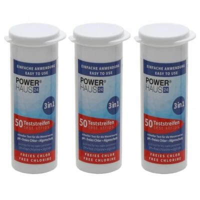POWERHAUS24 150 Teststäbchen 3 in 1 Teststreifen 3er Pack Teststrips für Chlor, pH Wert und