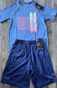 NWT Under Armour YMD Boys Navy Blue/Blue/Neon Red/White Shorts Set Medium - Picture 1 of 5