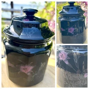 Vintage Mikasa Ebony Meadow Black Canister with Pink & Yellow Floral 5 7/8” Tall - Picture 1 of 24