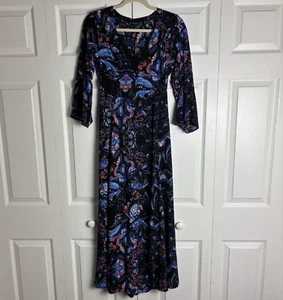 Express Dress Women's 0 Black Blue Pink Floral Paisley Maxi Side Slit 3/4 Sleeve - Picture 1 of 12
