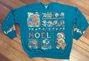 Vintage Holiday Time Sweatshirt 80s Green Noel Crewbeck Christmas Bears L/XL - Picture 1 of 8