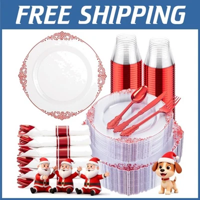 Platos de cena rojos transparentes - Juego desechables para fiesta y boda Foto 1 de 4