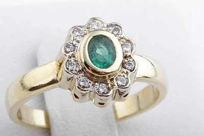 Emerald Diamond Ring 750 18K Yellow Gold Size 56 Foto 1 de 4