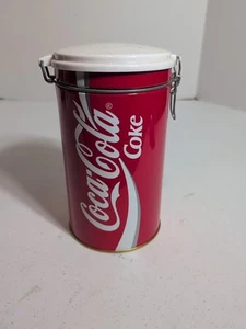 Coca-Cola Food Container Large Round Cylinder All Metal Locking Cookie Jar Me... - Picture 1 of 8