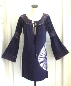 Michelle Jonas Purple Jersey Tie Dye 60s Twiggy Crochet Bell Slv Dress S/M $299 - Picture 1 of 24