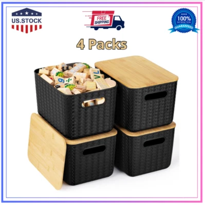4 Packs Storage Bins with Bamboo Lids, Stackable Plastic Organizing Boxes - Image 1 of 4