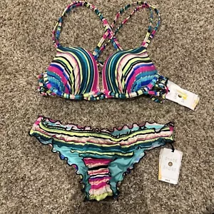 Women's Bikin Small Bottoms & 36B Strappy Stripe Top Set Shade & Shore NWT #H5 - Picture 1 of 2