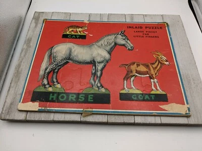 Bandeja de quebra-cabeça incrustada vintage 13 x 10 quadro de cabra cavalo gato papelão - Imagem 1 de 3