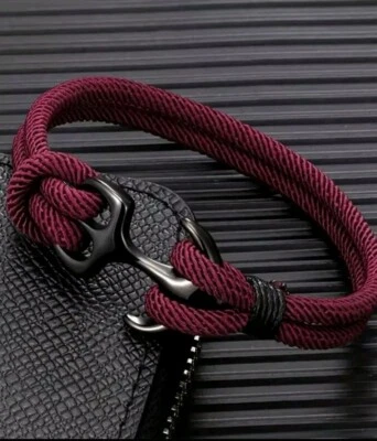 Pulsera Con Ancla Náutica Para Hombres Y Mujeres Color Negro Y Rojo Brazalete  Foto 1 de 2