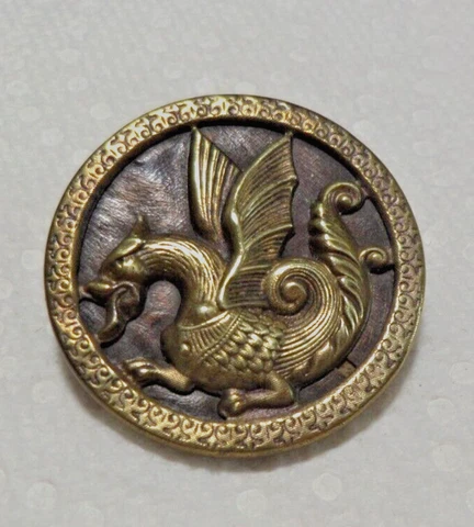 Vintage Antique Metal Picture Button FLYING DRAGON FABULOUS CREATURE 1 & 1/2" Cover