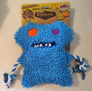 FUGGLER DOG TOY - BLUE With Teeth - Crinkle Squeaky & rope - 8" soft Monster - Picture 1 of 4