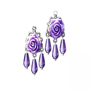 Earrings purple rose and pearl chandelier, choose clip on or pierced fittings - Foto 1 di 5