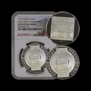 AUSTRIA. 1975, 100 Schilling, Silver - NGC PF69 - Top Pop 🥇 State Treaty - Picture 1 of 7