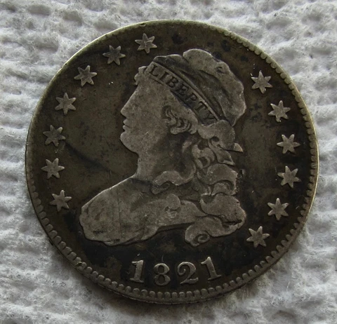 1821 25C Capped Bust Silver Quarter Large Diameter Rare Date Type Coin VG / Fine Cover