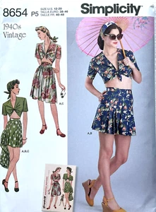 Simplicity 8654  Vintage Skirt, Shorts, Tie Front Top  Sizes: 12 - 20   1940's - Picture 1 of 2