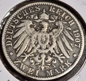 1907-A Estados Alemanes - Prusia 2 Marcos X-Fina Moneda de Plata Profundamente Tonificada  - Imagen 1 de 2