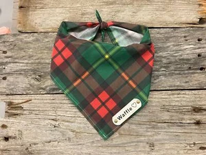 Dog Bandana, Red Green Black Christmas, White Leather Personalized Name Tag - Picture 1 of 6