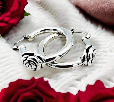 Pendientes de aro ligeros de plata de ley 925 con flor de rosa 1219 Foto 1 de 4