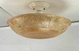 Vtg LARGE 16" Art Deco Semi Flush Iridescent Art Glass Ceiling Light 20s 30s 40s - Picture 1 of 17