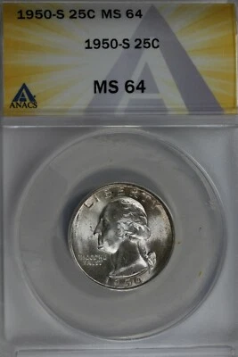 1950-S  .25   ANACS   MS 64   Washington Quarter, Silver 25 Cents (0.25) - Image 1 of 2