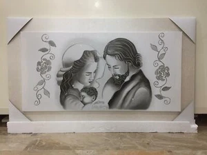 QUADRO SACRA FAMIGLIA CON CORNICE IN LEGNO COLOR GHIACCIO E GLITTER 118x64 cm - Imagen 1 de 3