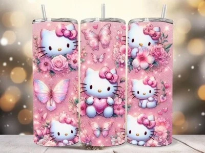 PENTHOUSE BEAUTY HELLO KITTY PINK BUTTERFLY FLOWER 20 OZ STAINLESS STEEL TUMBLER CUP + LID STRAW