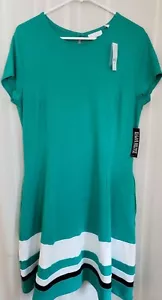 NY & CO Womens 100% Cotton Teal W White Stripe Slip On Dress Size L NWT - Picture 1 of 7