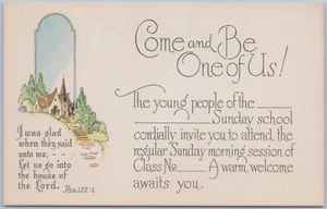 "Ven y sé uno de nosotros" invitación a la iglesia de la escuela dominical, postal - Imagen 1 de 2