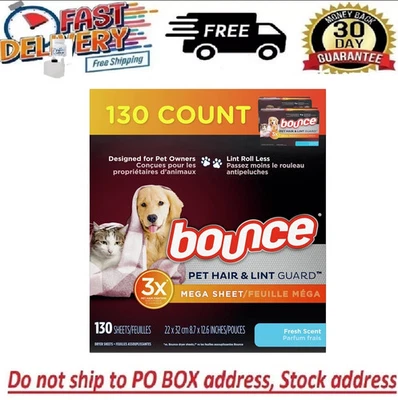 Bounce Pet Hair and Lint Guard Mega Fabric Softener Dryer Sheets,Fresh Scent,130 - Image 1 of 4