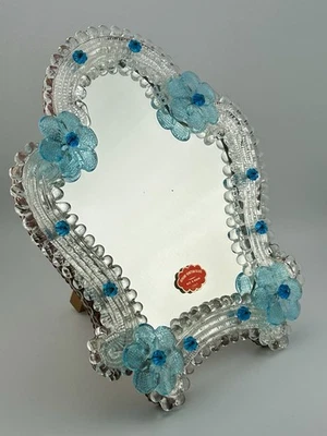 Espejo de mesa italiano veneciano de cristal de Murano flores azules con pegatina vintage Foto 1 de 4