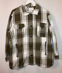 Lucky Brand Jacket Womens Large Green White Black Plaid Flannel Shacket WorkCoat - Picture 1 of 14