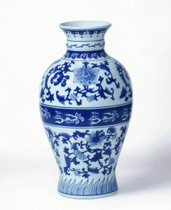 AAI 17" Porcelain Vase, Floral Design, Blue and White - Picture 1 of 1