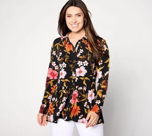 Camicia cardigan Susan Graver maglia liquida regolare romantica peplo nero/rosa XL Ne - Foto 1 di 1
