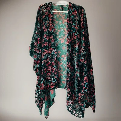 Kimono Tórrido Terciopelo Burnout Ruana Talla Única Verde Rojo Floral Gótico Boho Campesino Foto 1 de 4