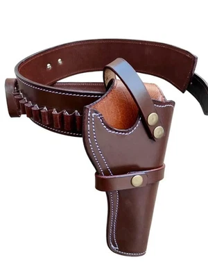 Handmade Leather Western Holster Belt Gunbelt Revolver Cover Cowboy Ammo Loops - Image 1 of 3