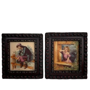 ANTIQUE Wood Frames 2x Darley Artini ETCHING Portrait Artwork Painting Boy Girl - Picture 1 of 11