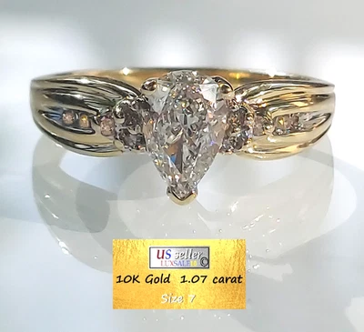 Anillo de diamantes certificado de 1,07 quilates, anillo de oro macizo de 10k talla 7 diamante en forma de pera Foto 1 de 4
