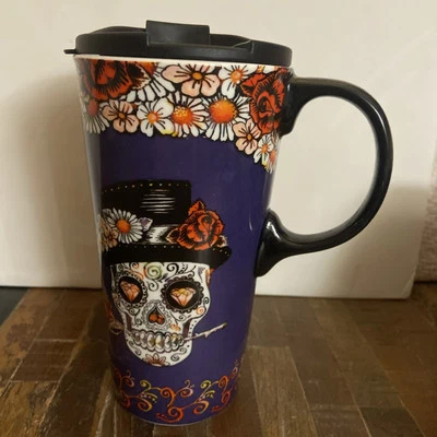 Day Of The Dead Travel/Sugar  Skulls/Latte Coffee Mug By Cypress NEW! - Image 1 of 4