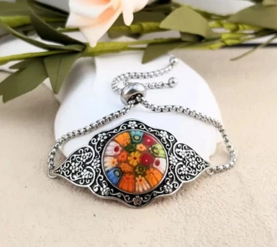 Pulsera Bolo Multicolor Murano Floral y Corazón Cristal Acero Inoxidable Ajustable  Foto 1 de 4
