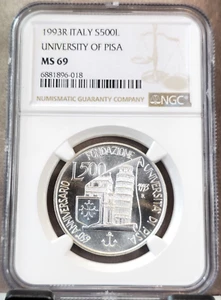 1993 ITALY SILVER 500 LIRE S500L UNIVERSITY OF PISA NGC MS 69 RARE TOP POP - Picture 1 of 3