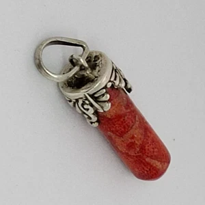 Vintage Carved Red Pink Coral Horn Branch Pendant Slider925 Sterling Silver Mark - Picture 1 of 10