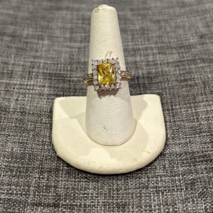 Sterling Silver~Gold Tone Yellow Radiant CZ W/CZ Halo Engagement Ring~Sz.7~4.6g - Picture 1 of 12