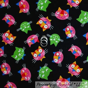 BonEful FABRIC FQ Cotton Quilt Black White B&W Pink Red Blue Kitty CAT Eyes SALE - Picture 1 of 13