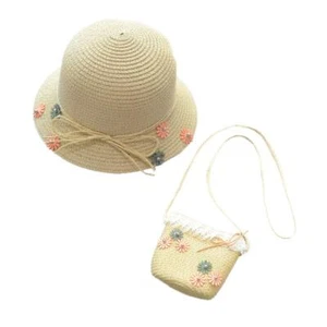 Girls Summer Wide Brim Hat Sun Beach Straw Flower Hats with Shoulder Bag Sunf... - Picture 1 of 3