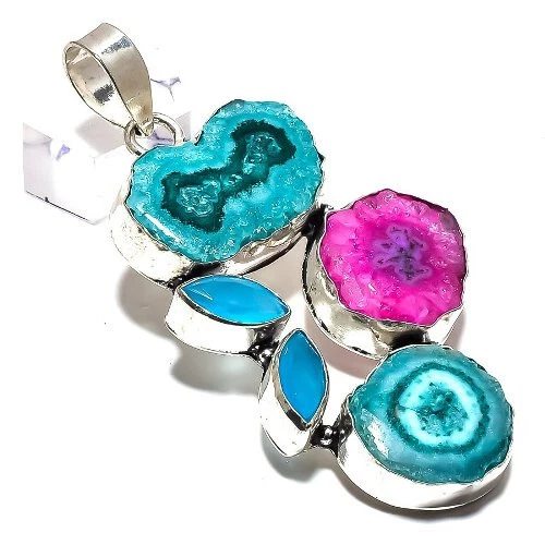 Pingente aglomerado solar quartzo rosa azul pedra preciosa drusa banhado a prata 3" - Imagem 1 de 1