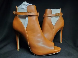 JustFab Carlin Brown Leather Heeled Cut-Out Bootie Womens Size 6.5 - Picture 1 of 13